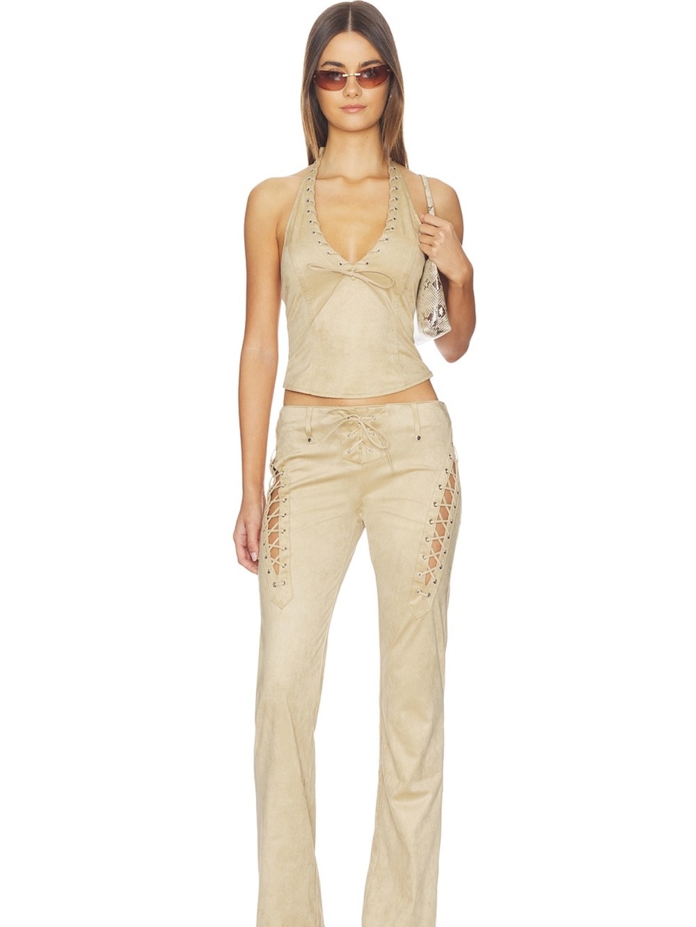I.AM.GIA Beige Lace-Up Faux Suede Bootcut Pants